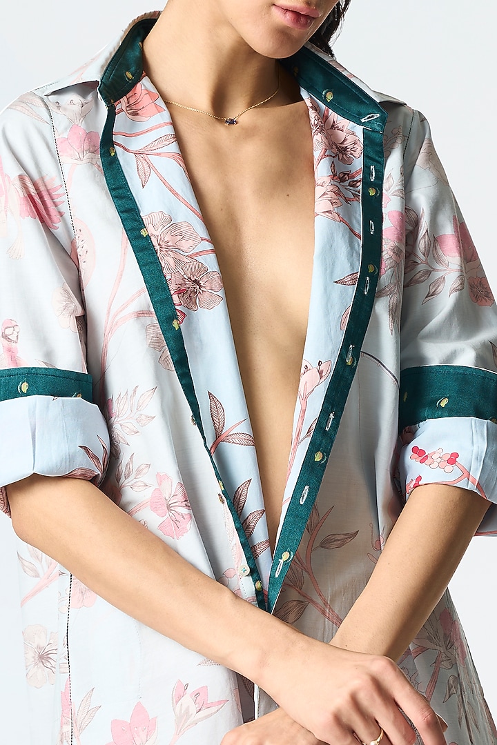 Ice Blue Cotton Silk Printed Oversized Shirt by SUKETDHIR at Pernia's Pop Up Shop