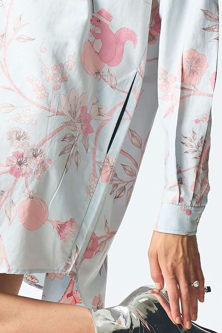 Ice Blue Cotton Silk Printed Oversized Shirt by SUKETDHIR at Pernia's Pop Up Shop