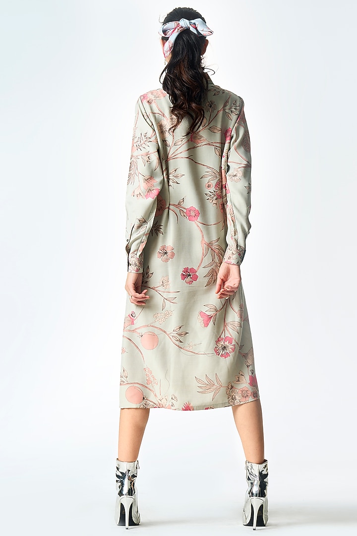 Ice Blue Muga Satin Silk Printed Cocktail Dress by SUKETDHIR at Pernia's Pop Up Shop