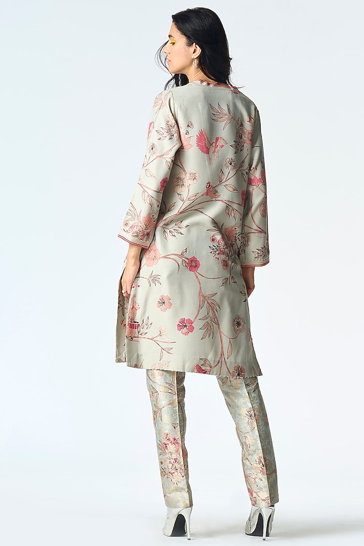 Ice Blue Muga Satin Silk Printed Kurta by SUKETDHIR at Pernia's Pop Up Shop