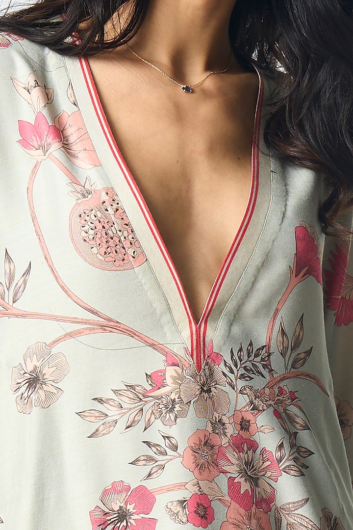 Ice Blue Muga Satin Silk Printed Kurta by SUKETDHIR at Pernia's Pop Up Shop