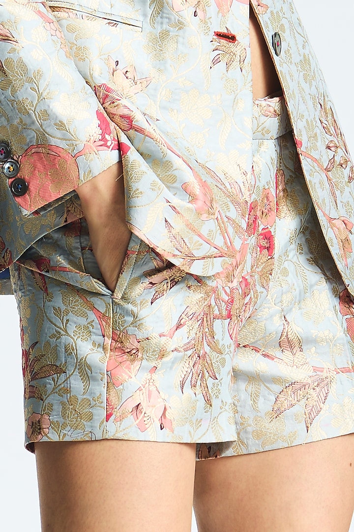 Ice Blue Silk Brocade Printed Shorts by SUKETDHIR at Pernia's Pop Up Shop