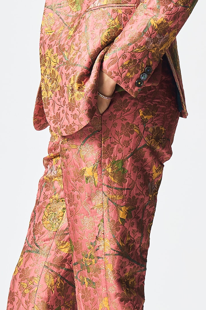 Rose Silk Brocade Printed Trousers by SUKETDHIR at Pernia's Pop Up Shop