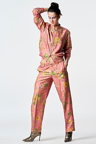 Rose Silk Damask Printed Bomber Jacket by SUKETDHIR