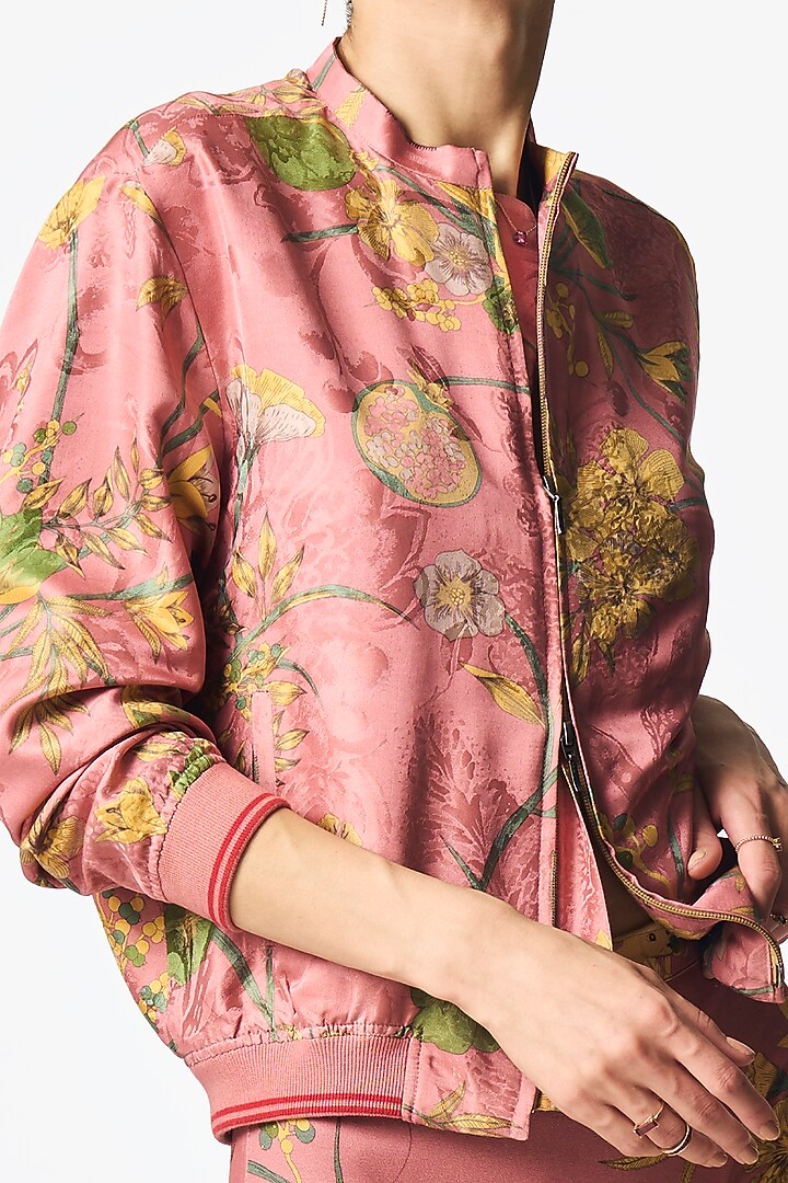 Rose Silk Damask Printed Bomber Jacket by SUKETDHIR at Pernia's Pop Up Shop