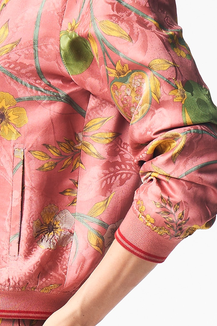 Rose Silk Damask Printed Bomber Jacket by SUKETDHIR at Pernia's Pop Up Shop