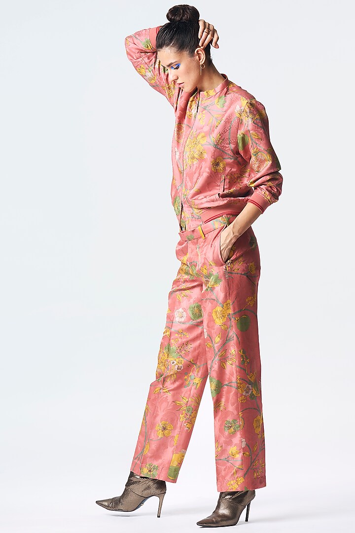 Rose Silk Damask Printed Trousers by SUKETDHIR at Pernia's Pop Up Shop