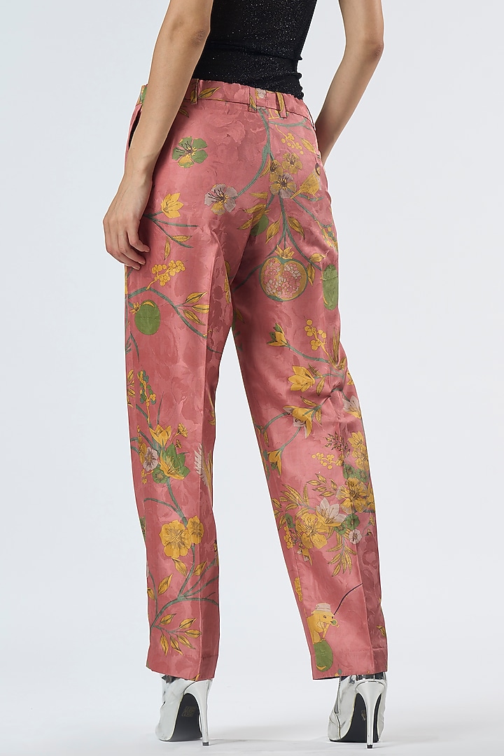 Rose Silk Damask Printed Trousers by SUKETDHIR at Pernia's Pop Up Shop