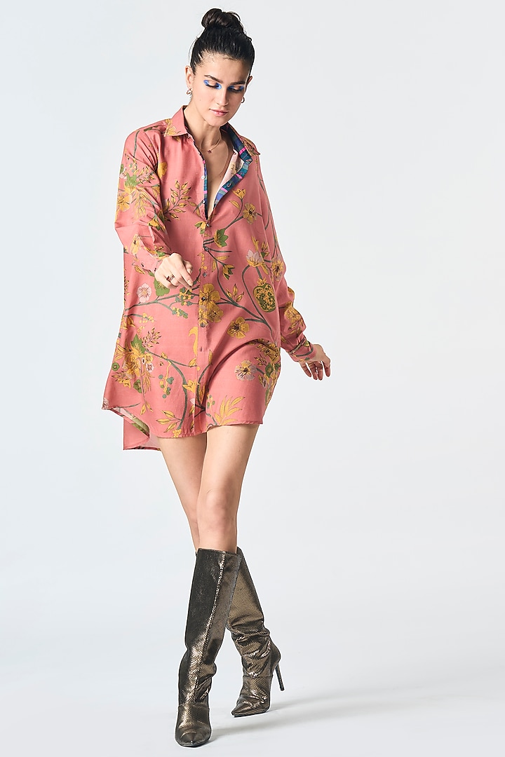 Rose Cotton Silk Printed Oversized Shirt by SUKETDHIR at Pernia's Pop Up Shop