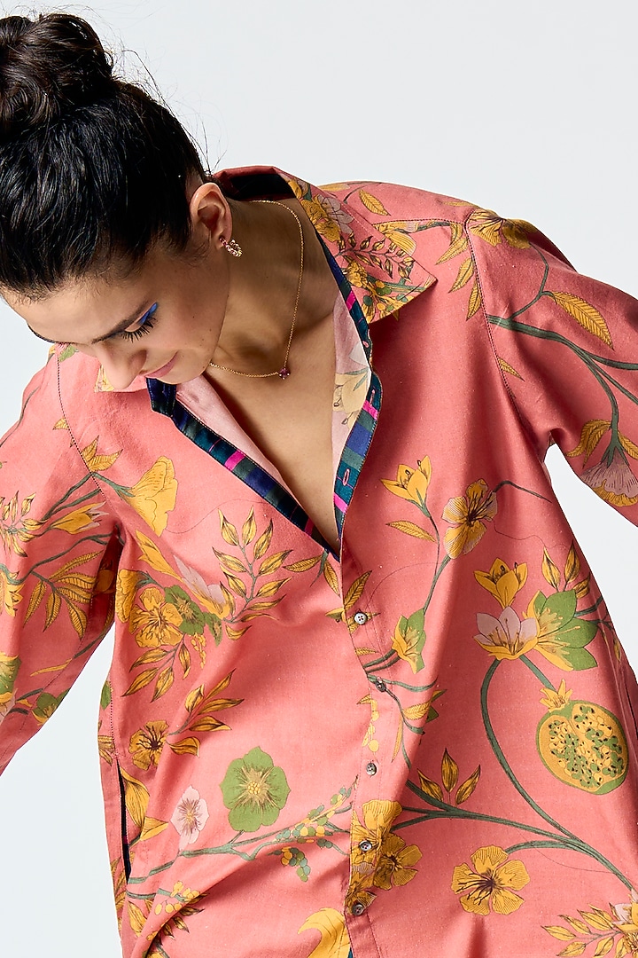 Rose Cotton Silk Printed Oversized Shirt by SUKETDHIR at Pernia's Pop Up Shop