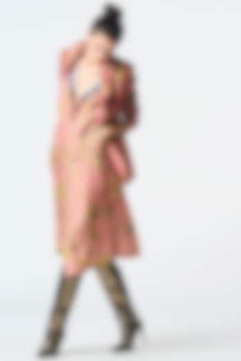 Rose Muga Satin Silk Printed Dress by SUKETDHIR