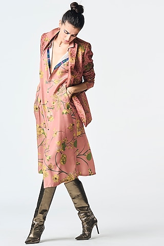 Rose Muga Satin Silk Printed Dress by SUKETDHIR