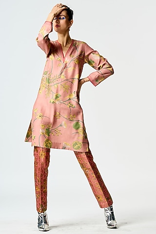Rose Muga Satin Silk Printed Kurta by SUKETDHIR