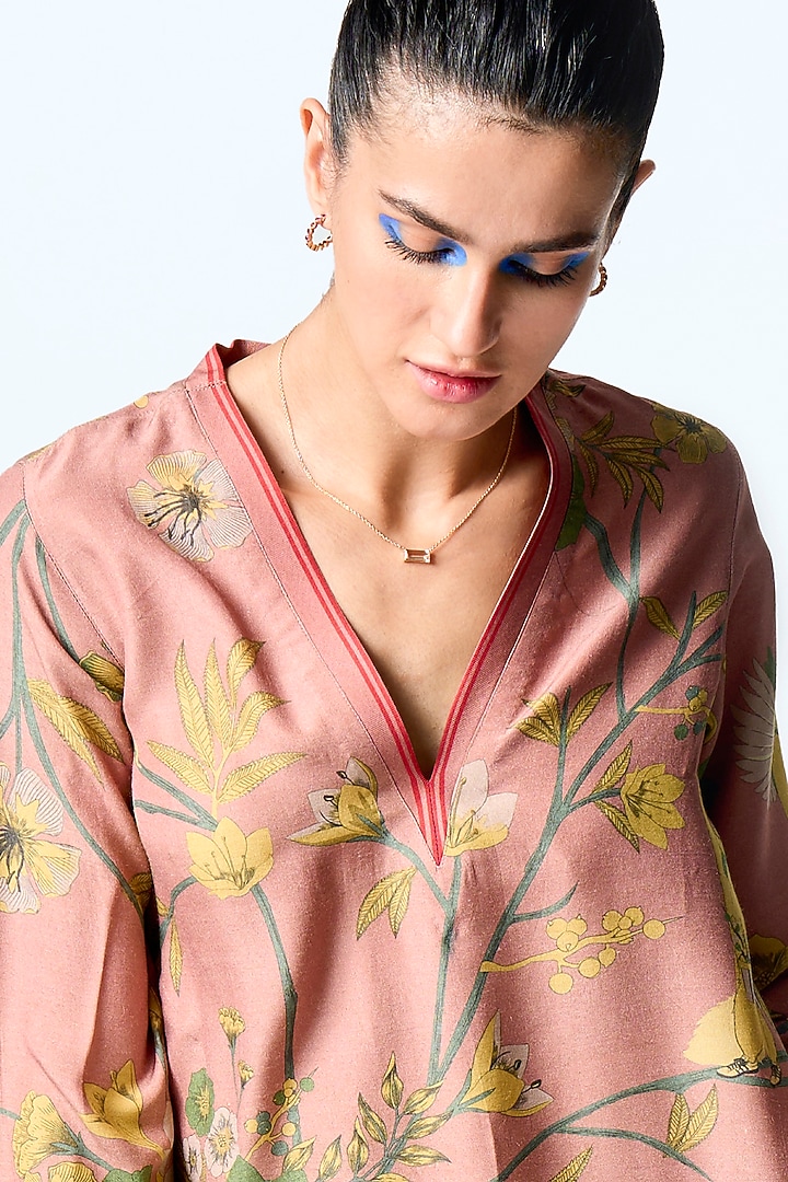 Rose Muga Satin Silk Printed Kurta by SUKETDHIR at Pernia's Pop Up Shop
