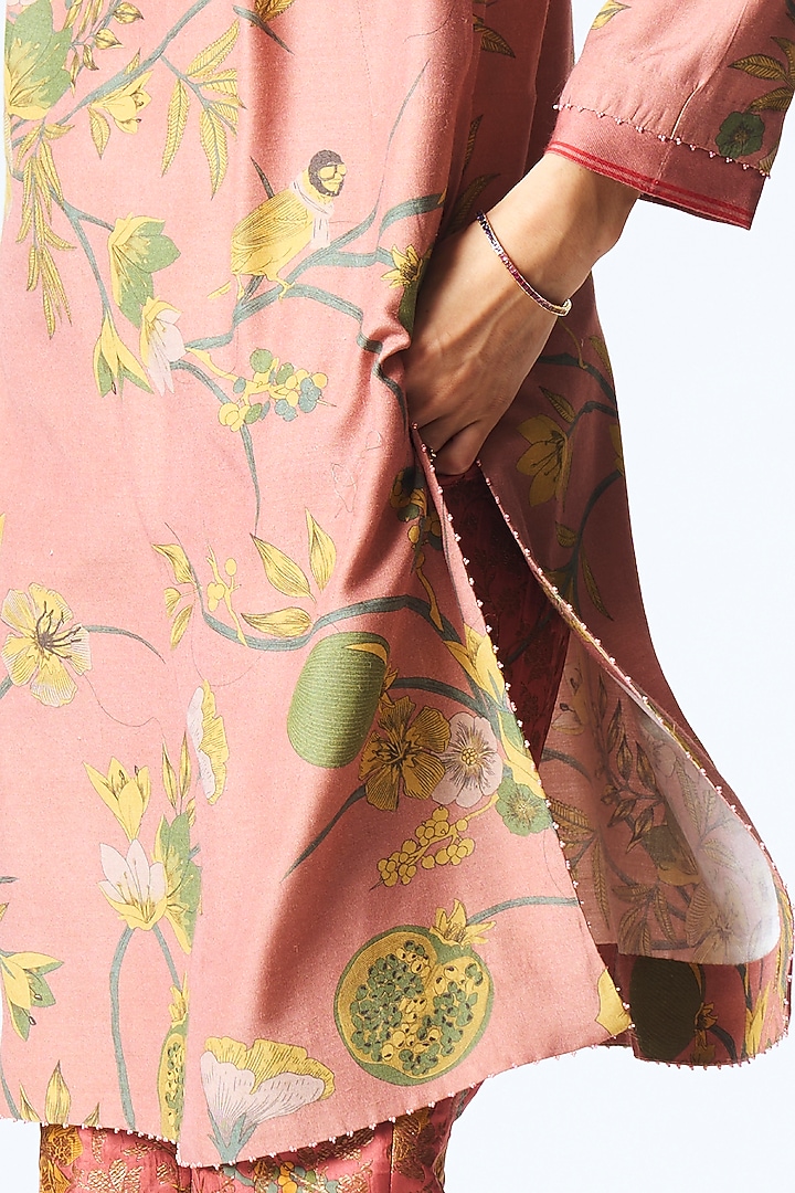 Rose Muga Satin Silk Printed Kurta by SUKETDHIR at Pernia's Pop Up Shop
