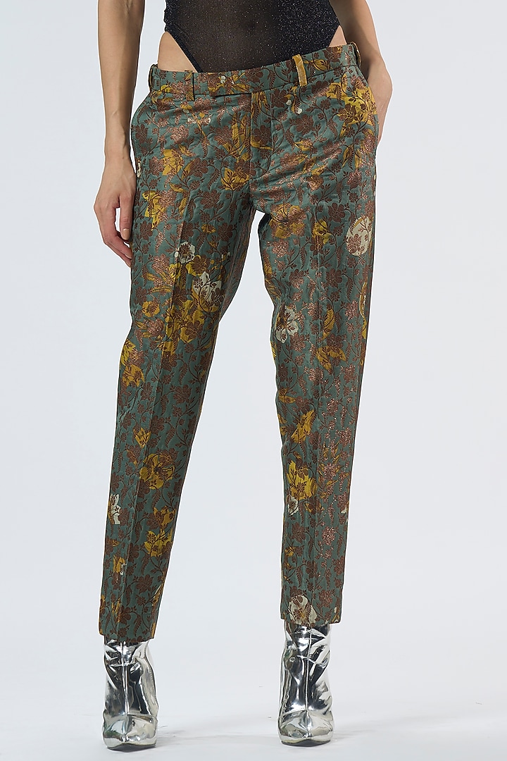 Sage Green Silk Brocade Trousers by SUKETDHIR