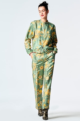 Sage Green Silk Damask Bomber Jacket by SUKETDHIR