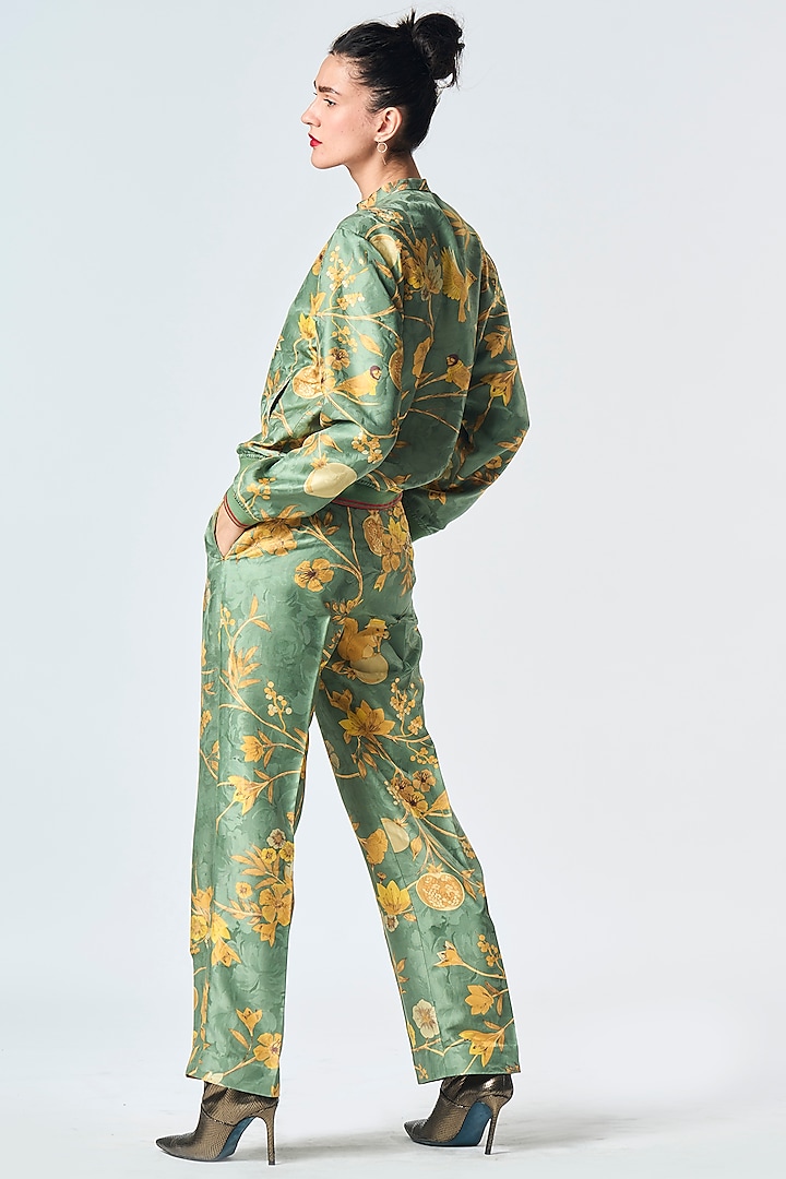 Sage Green Silk Damask Trousers Design by SUKETDHIR at Pernia's Pop Up Shop  2024