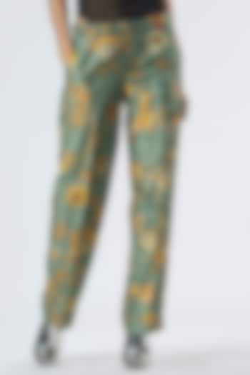 Sage Green Silk Damask Trousers by SUKETDHIR