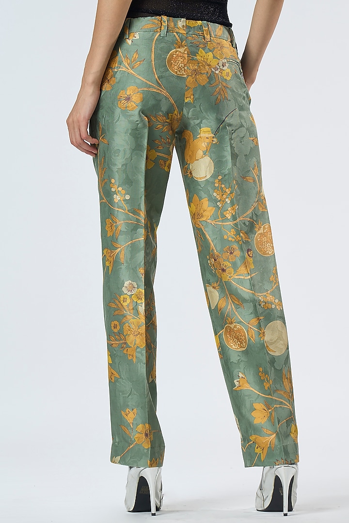 Sage Green Silk Damask Trousers Design by SUKETDHIR at Pernia's Pop Up Shop  2024