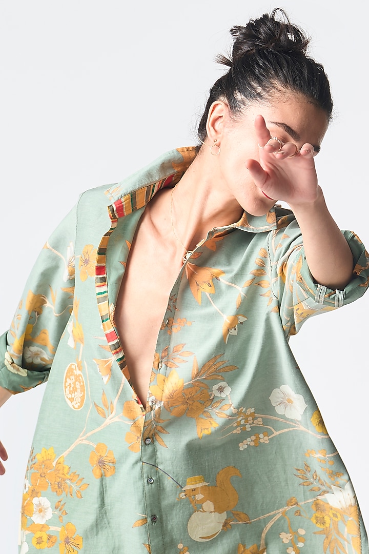 Sage Green Cotton Silk Oversized Shirt by SUKETDHIR at Pernia's Pop Up Shop