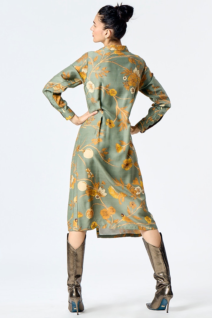 Sage Green Muga Satin Silk Pleated Cocktail Dress by SUKETDHIR at Pernia's Pop Up Shop