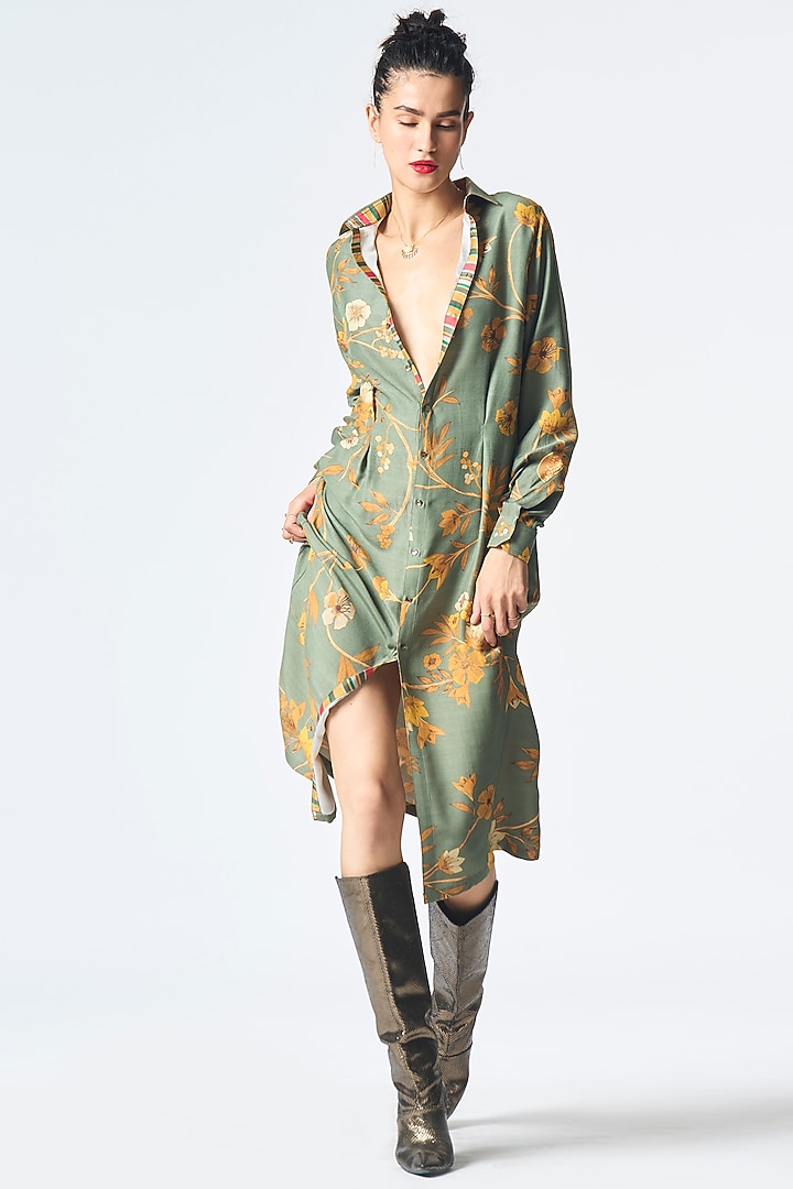 Sage Green Muga Satin Silk Pleated Cocktail Dress by SUKETDHIR at Pernia's Pop Up Shop