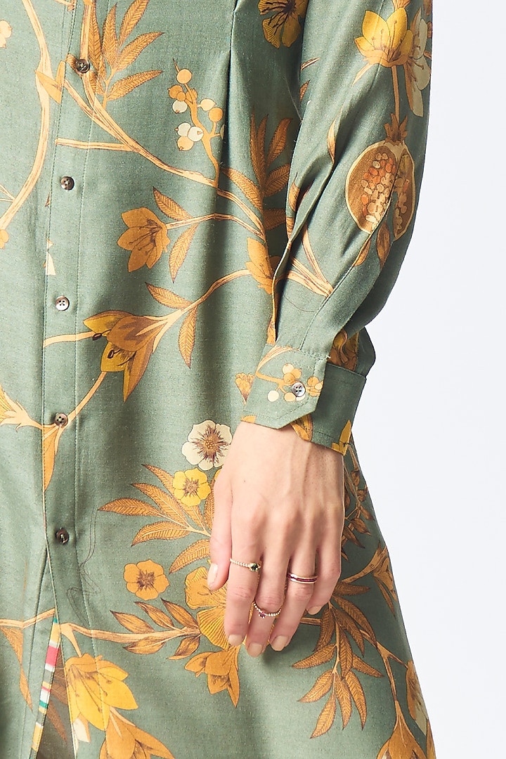 Sage Green Muga Satin Silk Pleated Cocktail Dress by SUKETDHIR at Pernia's Pop Up Shop