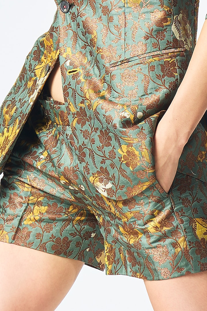 Sage Green Silk Brocade Trousers Design by SUKETDHIR at Pernia's