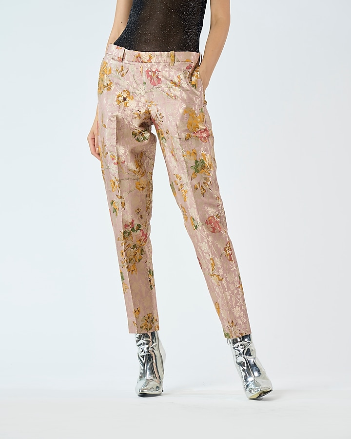 Champagne Pink Silk Brocade Trousers Design by SUKETDHIR at Pernia's Pop Up  Shop 2024