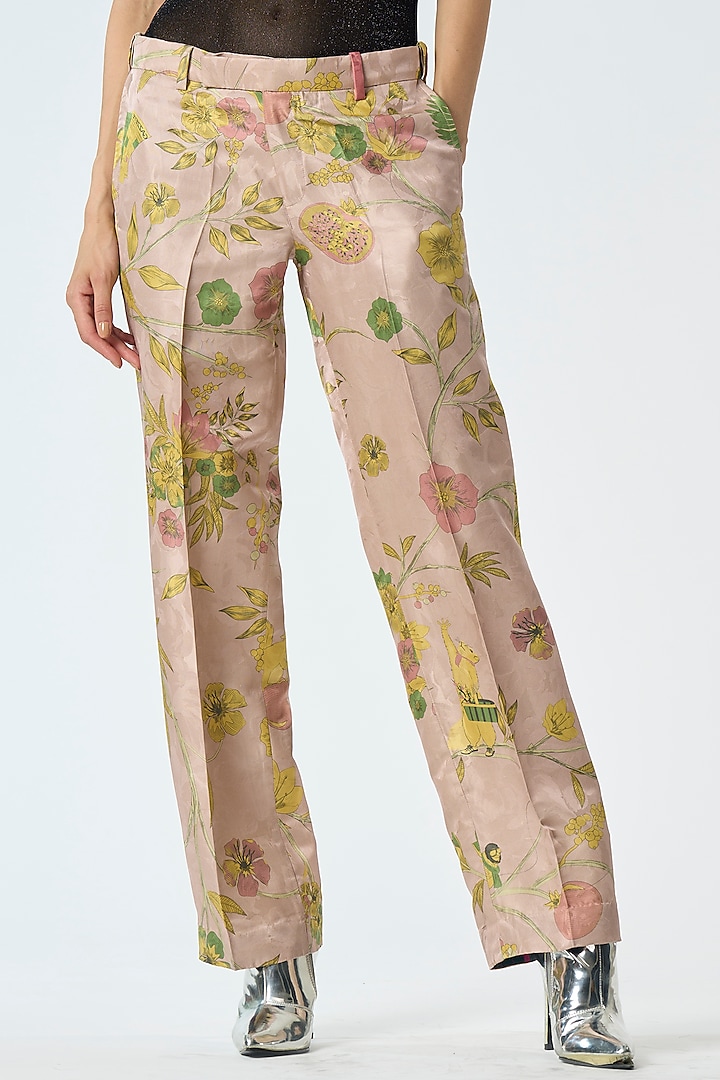 Champagne Pink Silk Damask Trousers by SUKETDHIR