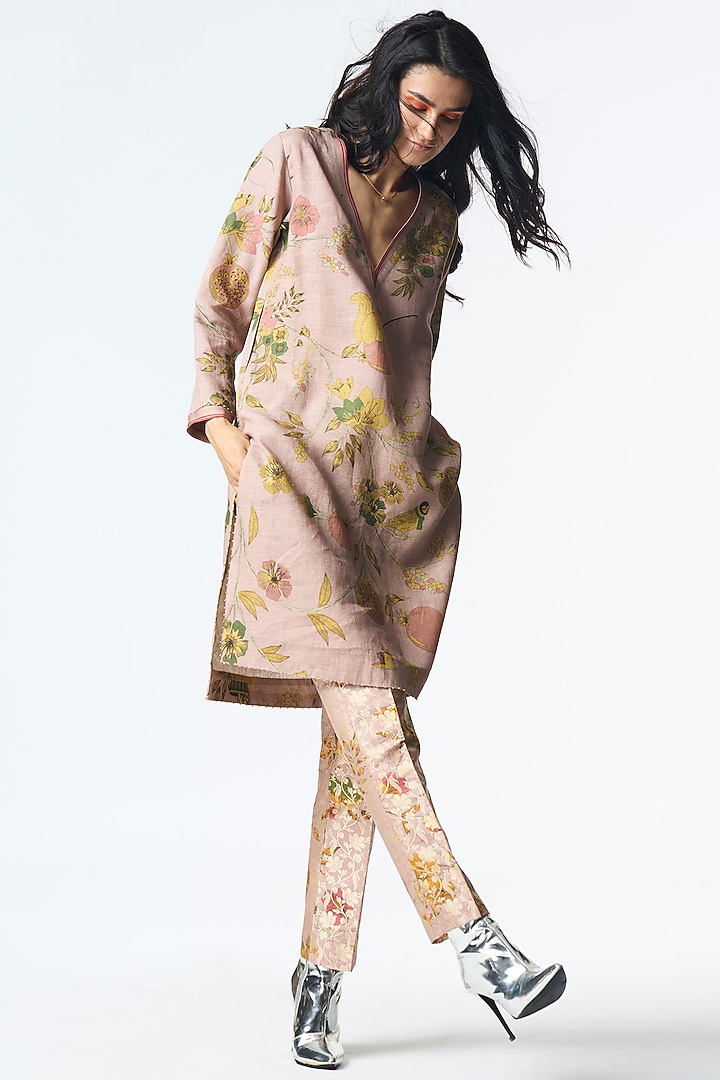 Champagne Pink Muga Satin Silk Kurta by SUKETDHIR at Pernia's Pop Up Shop