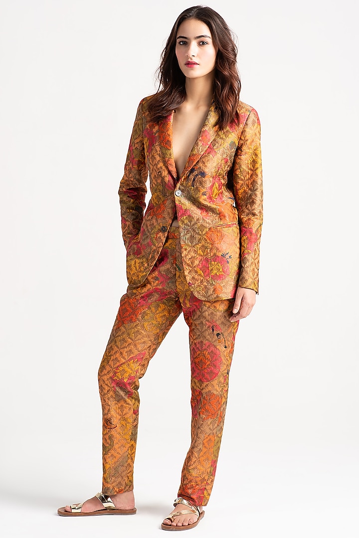 Grapefruit Silk Brocade Blazer by SUKETDHIR at Pernia's Pop Up Shop