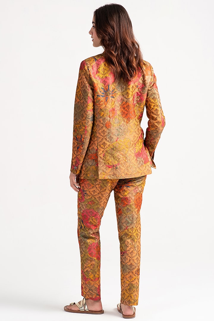 Grapefruit Silk Brocade Blazer by SUKETDHIR at Pernia's Pop Up Shop
