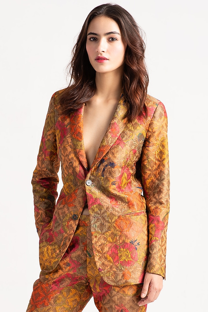 Grapefruit Silk Brocade Blazer by SUKETDHIR at Pernia's Pop Up Shop