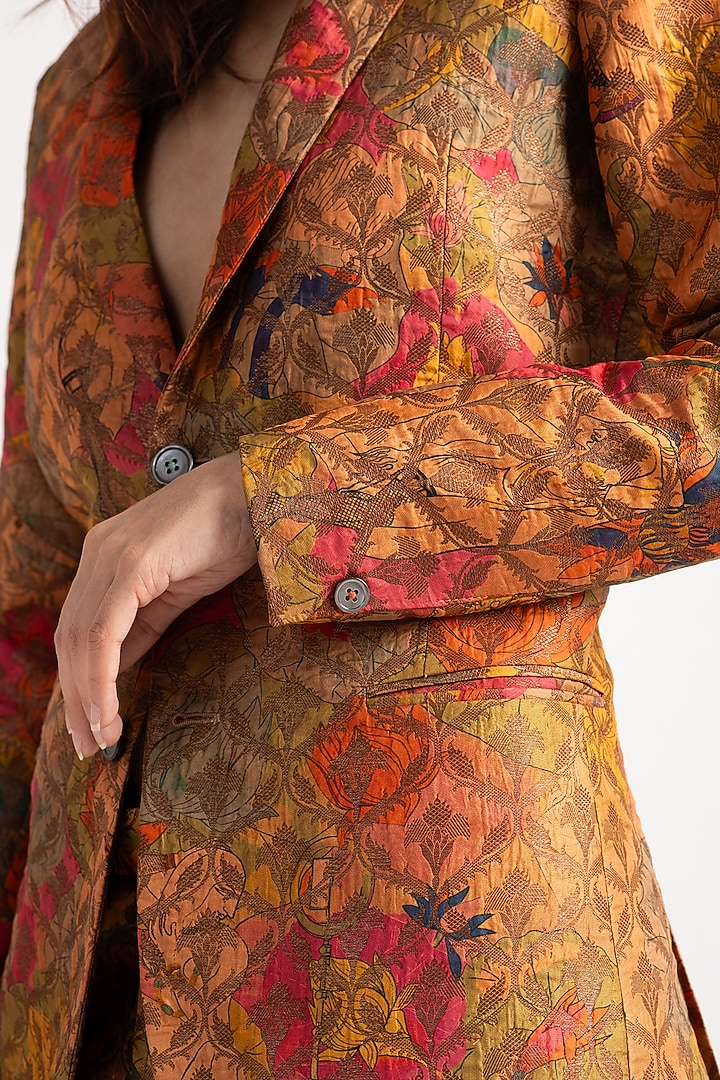 Grapefruit Silk Brocade Blazer by SUKETDHIR at Pernia's Pop Up Shop