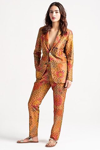 Grapefruit Silk Brocade Boot-Cut Trousers by SUKETDHIR