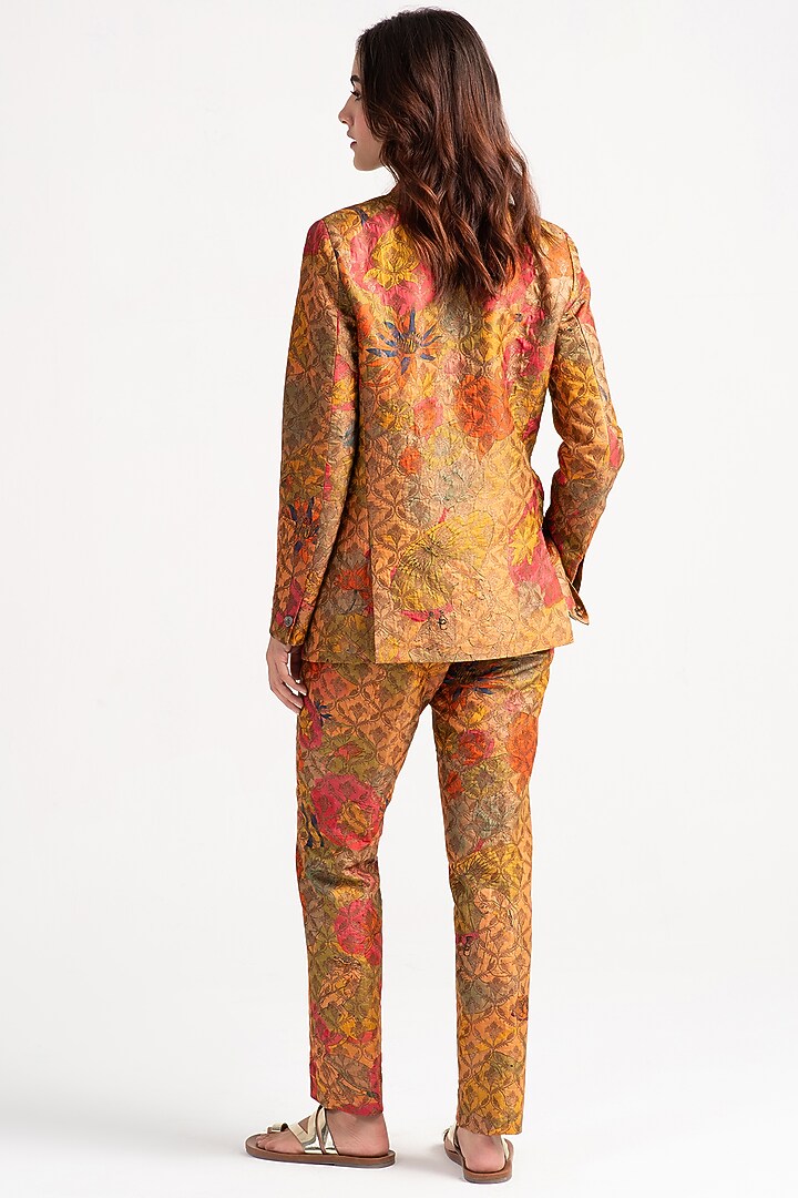 Grapefruit Silk Brocade Boot-Cut Trousers by SUKETDHIR at Pernia's Pop Up Shop