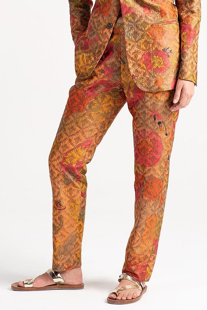 Grapefruit Silk Brocade Boot-Cut Trousers by SUKETDHIR at Pernia's Pop Up Shop
