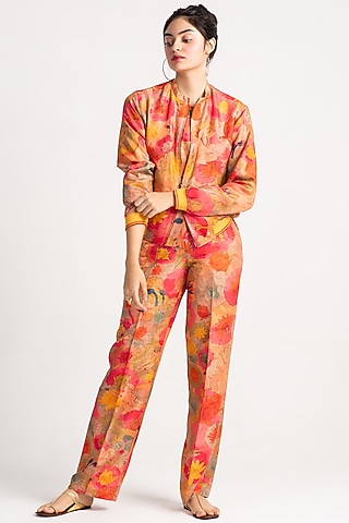 Grapefruit Silk Damask Bomber Jacket by SUKETDHIR