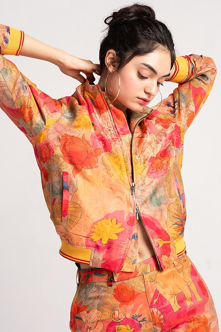 Grapefruit Silk Damask Bomber Jacket by SUKETDHIR at Pernia's Pop Up Shop