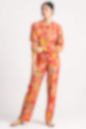 Grapefruit Silk Damask Straight-Fitted Trousers by SUKETDHIR at Pernia's Pop Up Shop