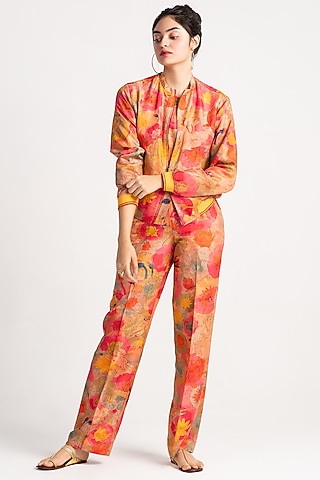 Grapefruit Silk Damask Straight-Fitted Trousers by SUKETDHIR