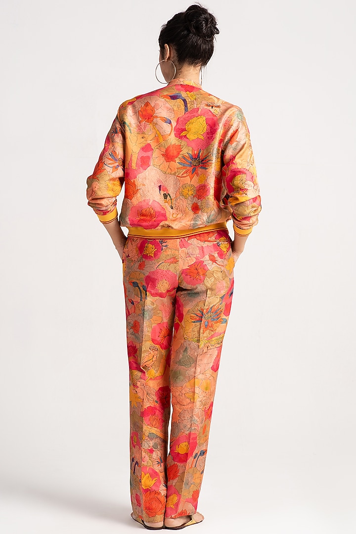 Grapefruit Silk Damask Straight-Fitted Trousers by SUKETDHIR at Pernia's Pop Up Shop