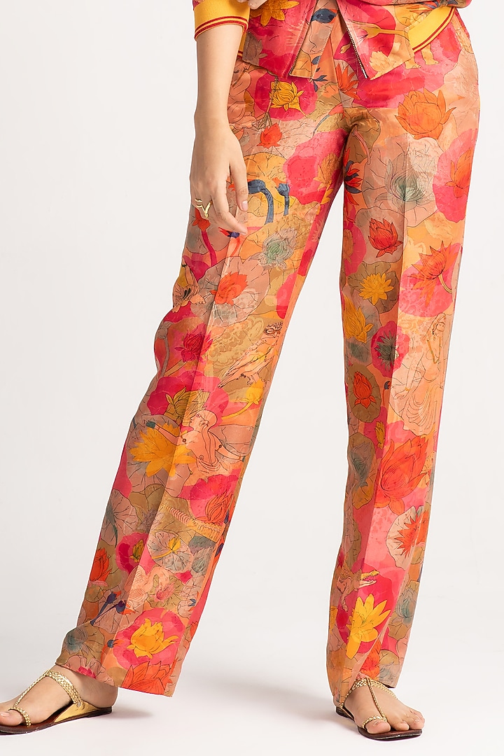 Grapefruit Silk Damask Straight-Fitted Trousers by SUKETDHIR at Pernia's Pop Up Shop