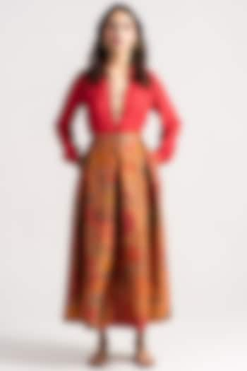 Grapefruit Silk Brocade Midi Skirt by SUKETDHIR at Pernia's Pop Up Shop