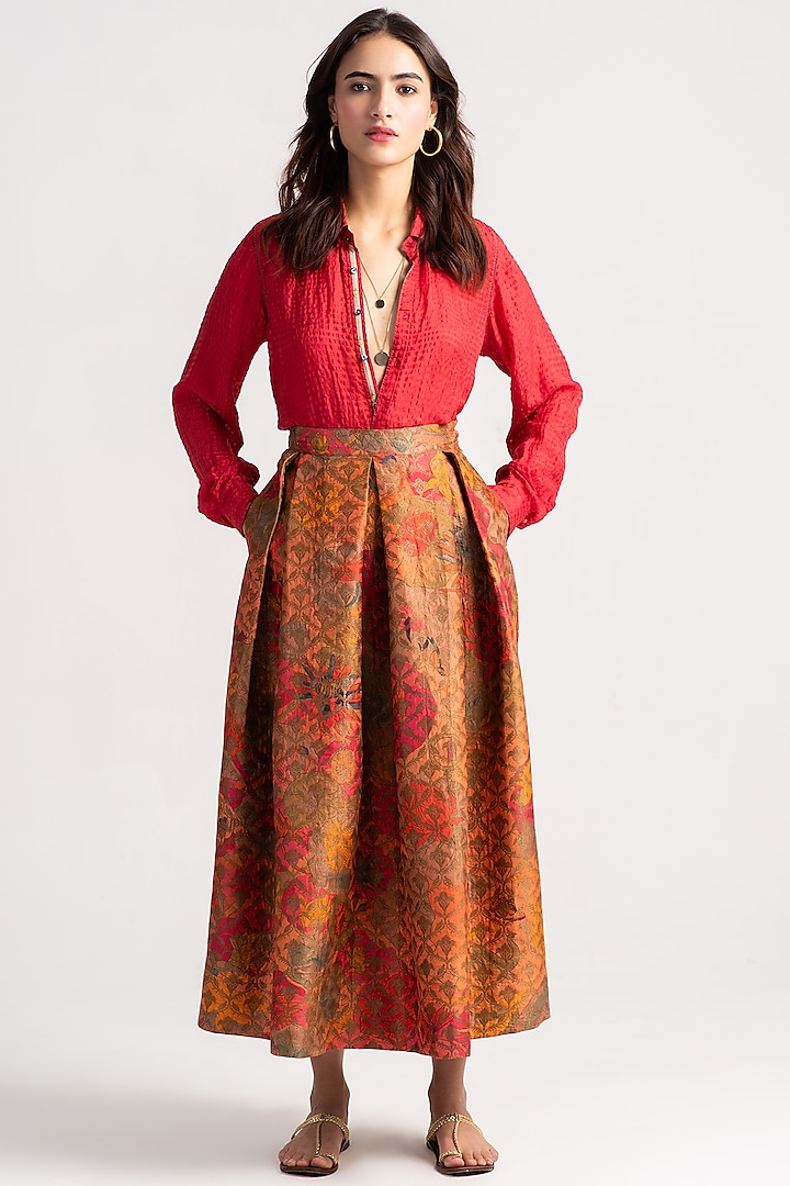 Grapefruit Silk Brocade Midi Skirt by SUKETDHIR at Pernia's Pop Up Shop