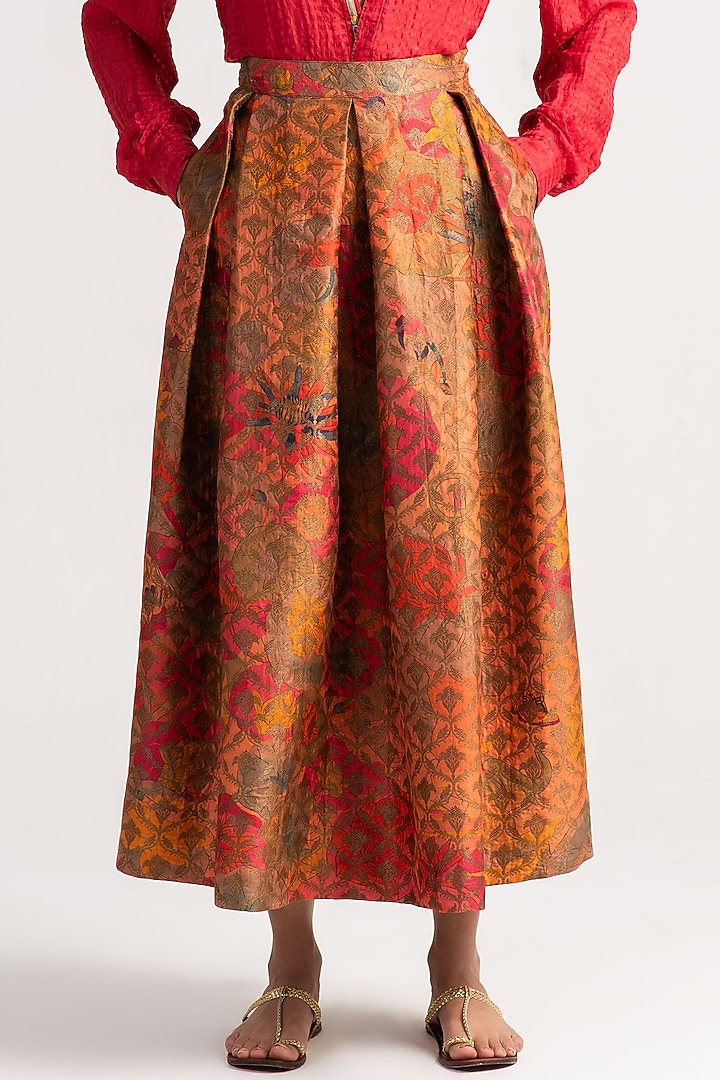 Grapefruit Silk Brocade Midi Skirt by SUKETDHIR at Pernia's Pop Up Shop