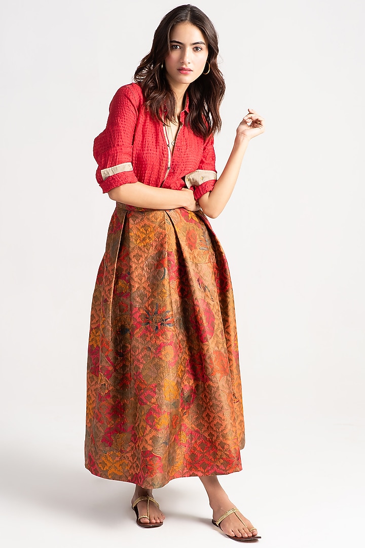 Grapefruit Silk Brocade Midi Skirt by SUKETDHIR at Pernia's Pop Up Shop