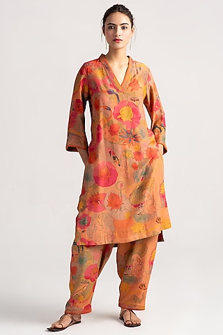 Grapefruit Muga Satin Silk Kurta by SUKETDHIR